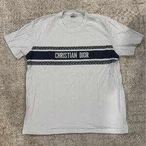 Dior White Cotton Tee with Navy Christian Dior Chest Stripe
